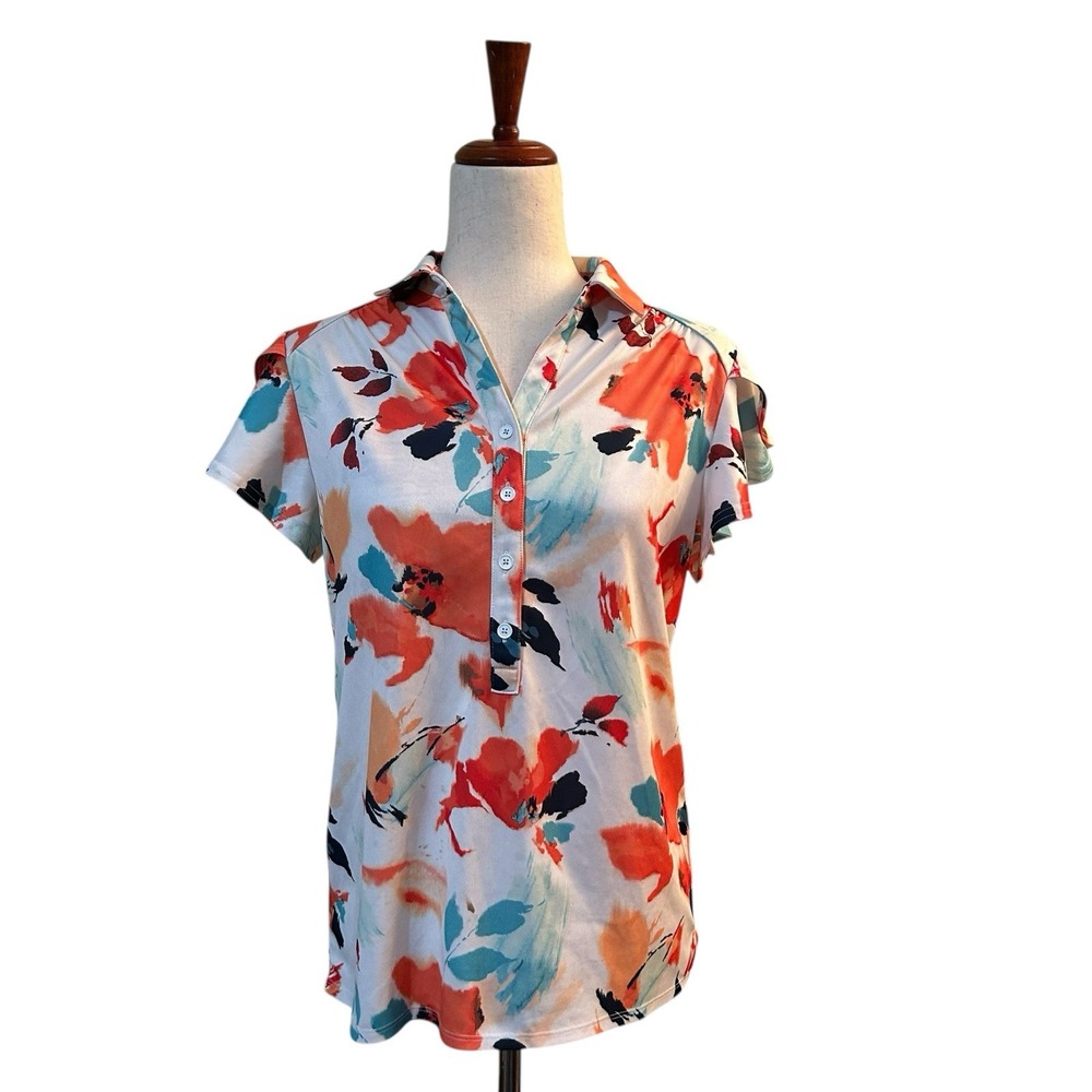 Chicos Golf Top 1 US Medium Women's Polo Shirt‎ Floral Flutter Sleeve Pique